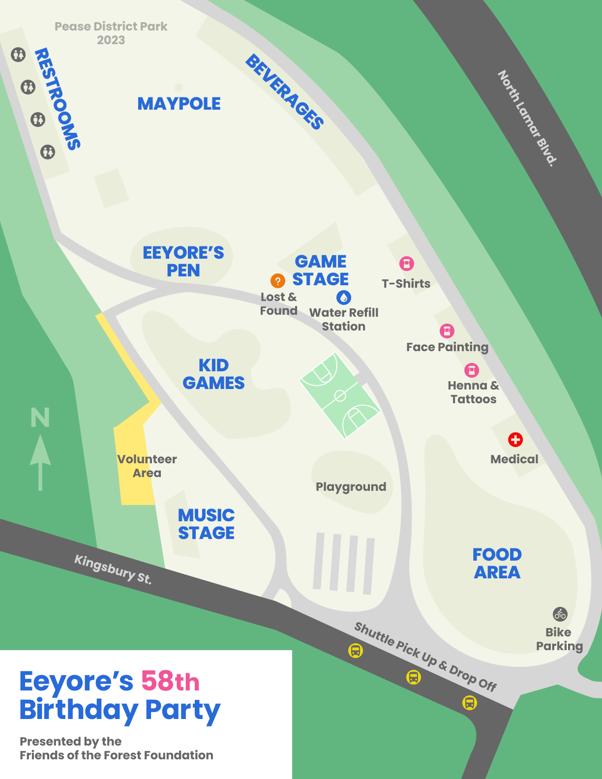 A detailed colorful map of each section and booth of Eeyore's Birthday Party in Pease Park.