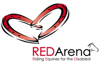 Logo for the RED Arena Horse Based Therapy organization with a red shaped heart of horseshoes.