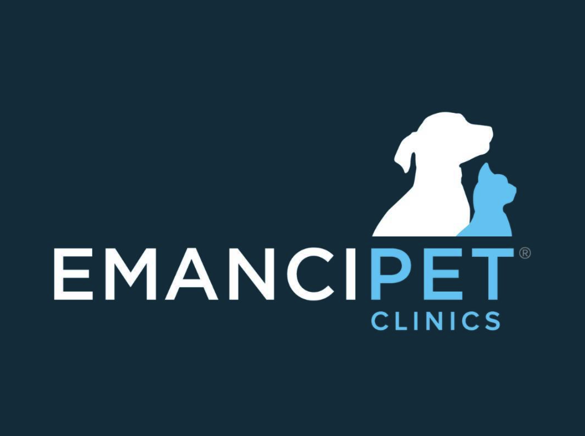 Logo for EmanciPet Clinics that feature a white dog and blue cat.