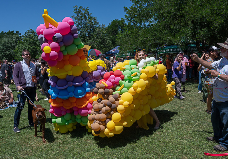 A group of party attendees seeing fun balloon art of a taco and donkey at Eeyore's Birthday Party.