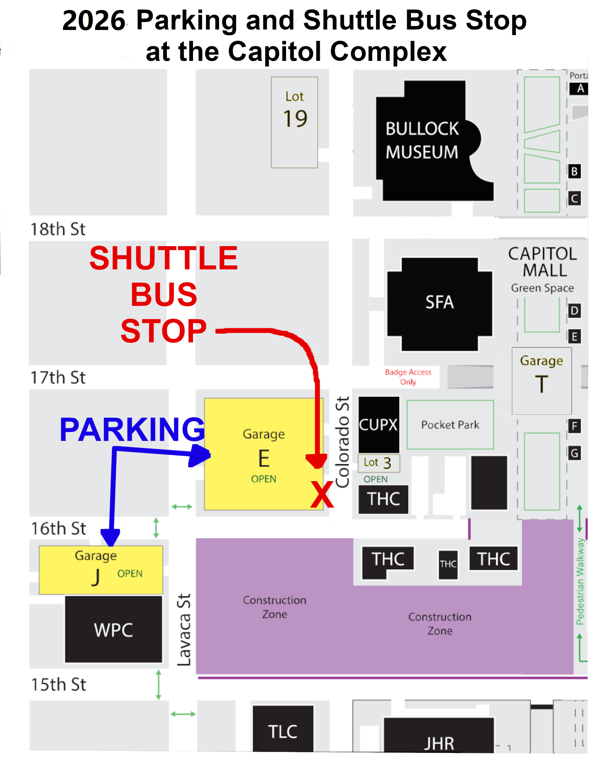 Map of parking garages northwest of Austin's State Capitol building. A red arrow points to the shuttle bus stop (marked between 16th and Colorado St).